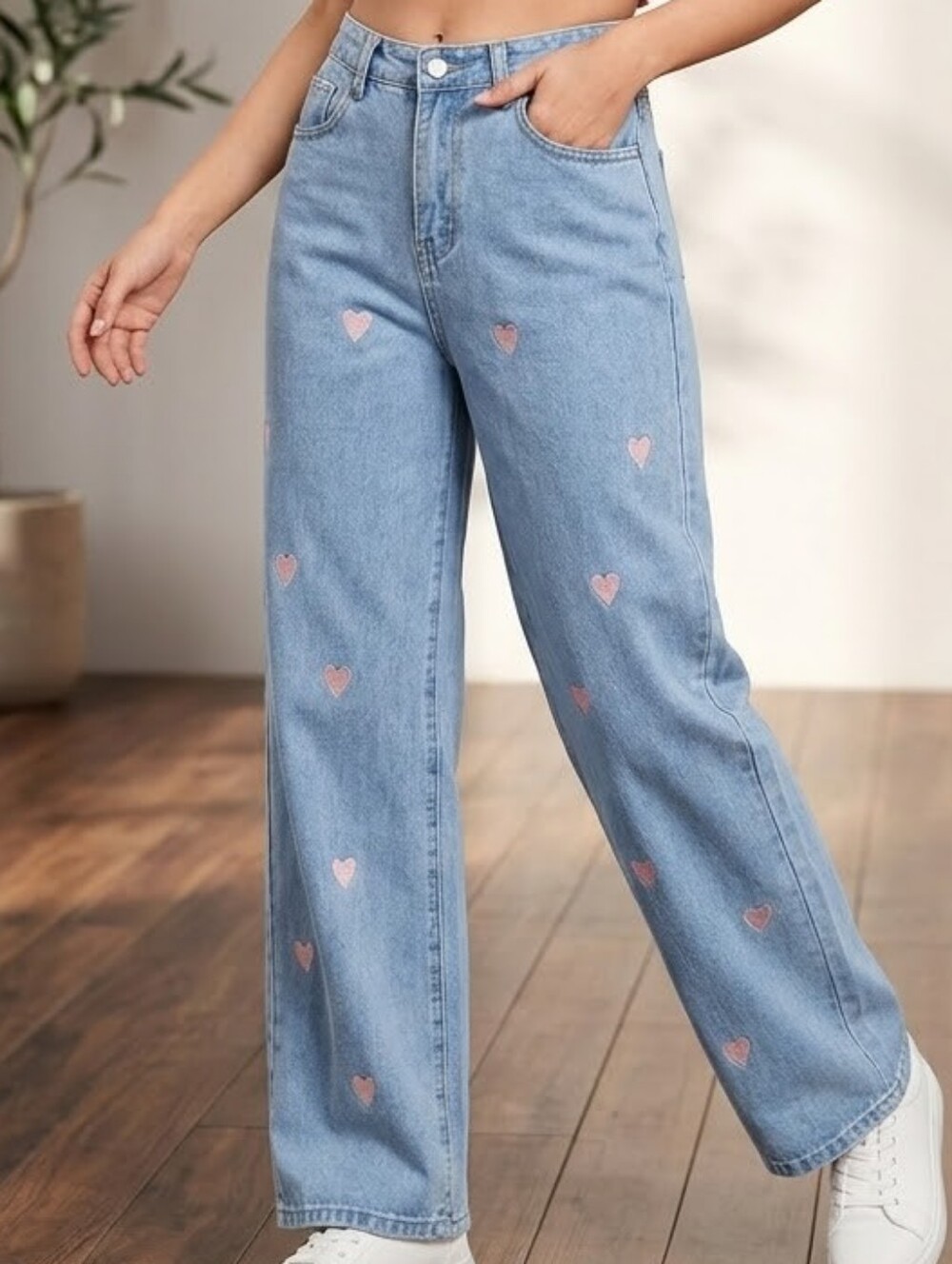 [[SHEIN]] Light Blue Wide Leg Jeans with Pink Heart Embroidery
